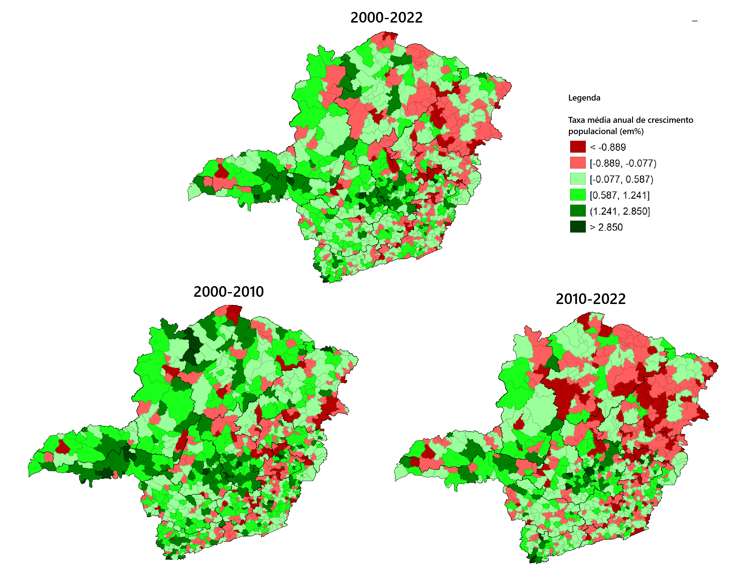 Taxa média anual de crescimento populacional dos municípios de Minas Gerais nos períodos analisados.